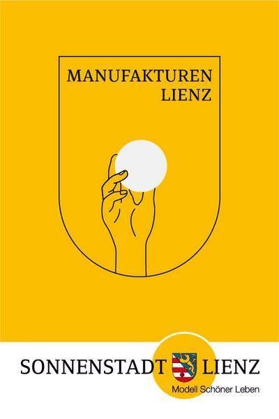 Logo mit einem Handgriff und einem weißen Kreis, unterlegt mit gelbem Hintergrund und Text über Lienz.